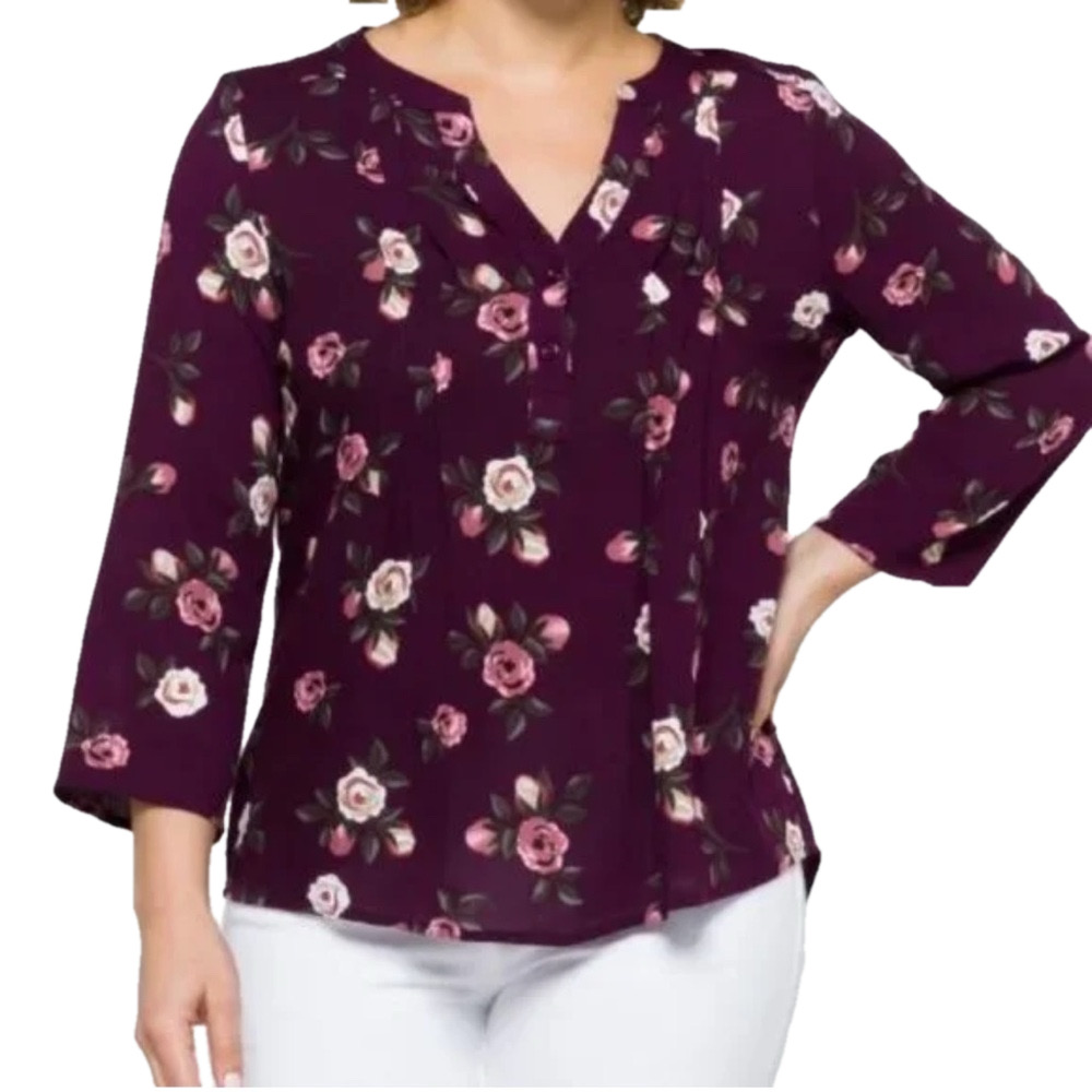 MONDAY FUN blouse women’s size small magenta floral 3/4 sleeves pleated NWOT
